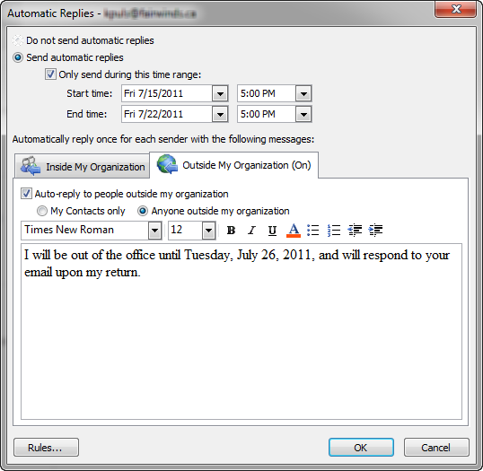 Setting up Out Of Office replies on Outlook 2010 - Excelguru