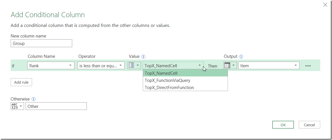 Dynamic Parameters listed in the Conditional Column dialog