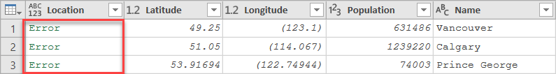 The enriched Locations table has been brought into Power Query but creates an error