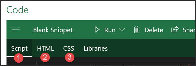 Tabs for adding your JavaScript, HTML, and CSS codes in the Code Editor
