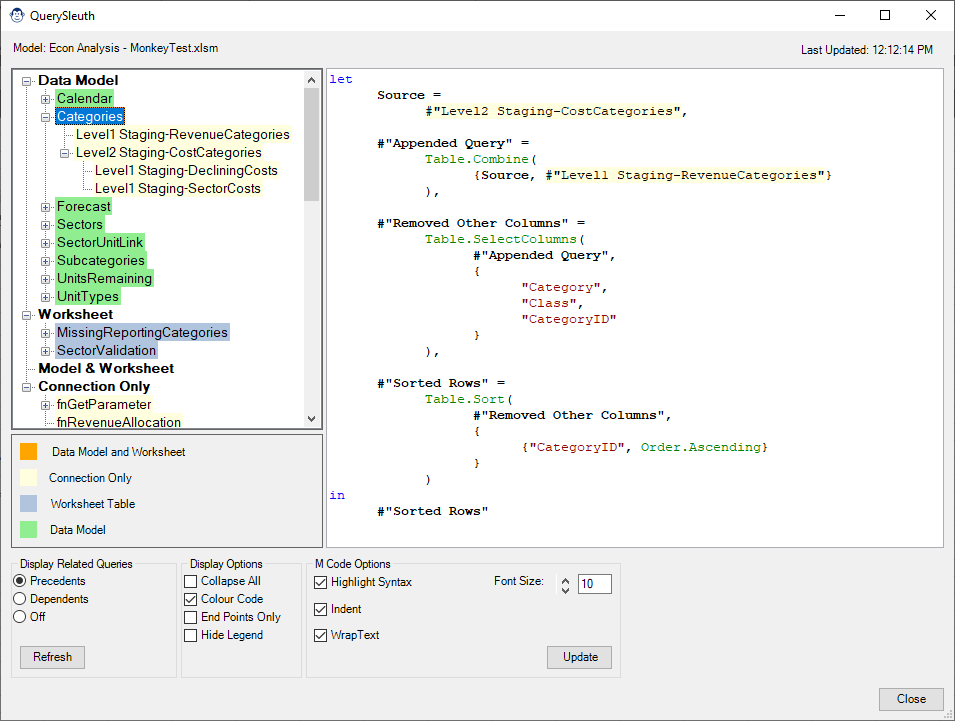 The QuerySleuth shows a query dependency tree as well as indented and colourful M code