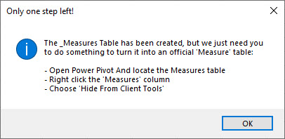 Advice from PivotSleuth on what to do to turn the new table into a proper measure table