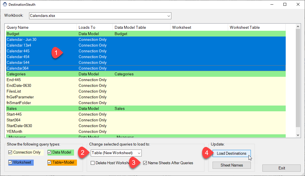 Using DestinationSleuth to change a load destination from Connection Only to Table, and update the worksheet to the Query name at the same time.