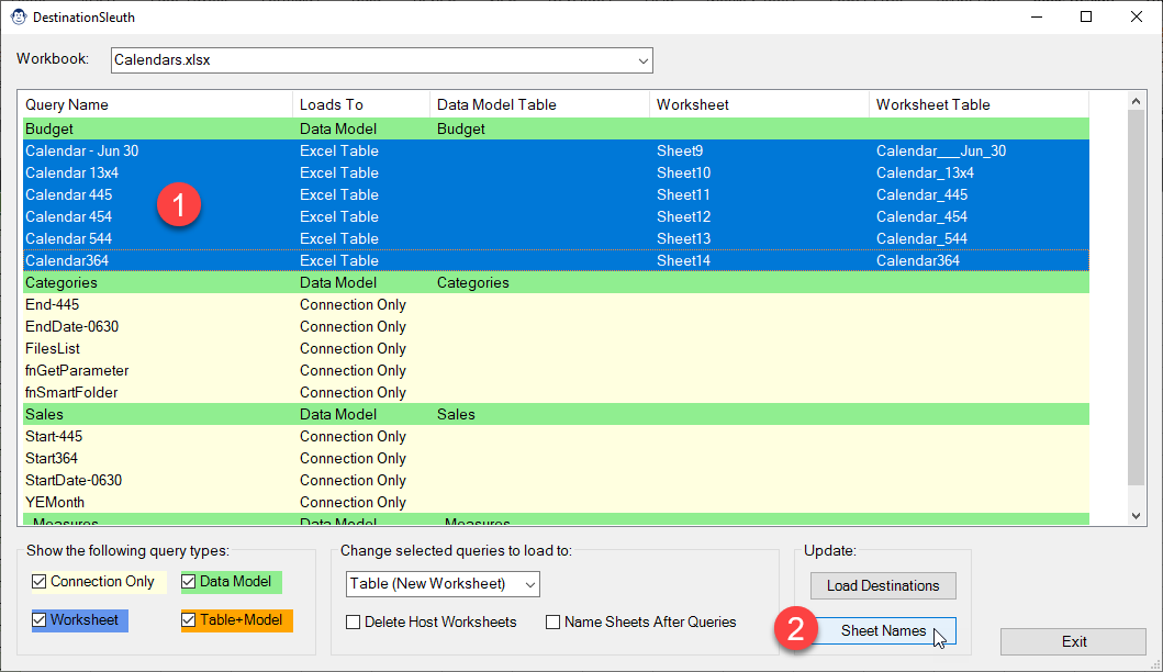 Using DestinationSleuth to select queries and change the names of their host worksheets