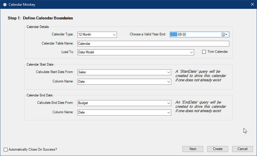 Step 1 screen of the Calendar Monkey, allowing you to choose your calendar type, the calendar start/end boundaries and year end