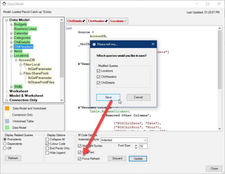 An image of the QuerySleuth prompting the user to ask which queries they want to save and refresh