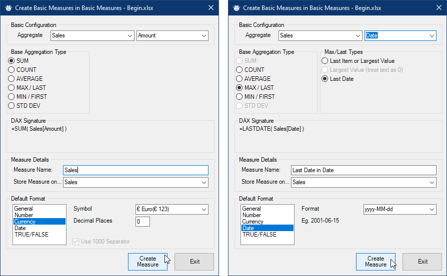 Side by side vide of creating a SUM and LASTDATE aggregation with the Basic Explicit Measure Monkey