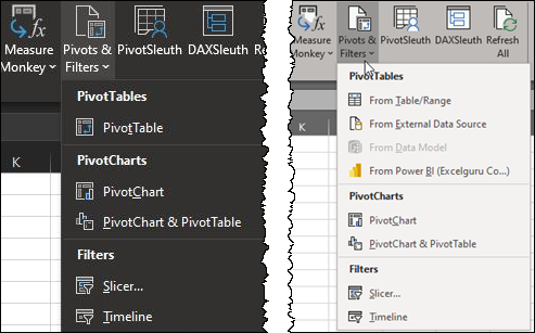 The new Pivots & Filters menu allows creating PivotTables, PivotCharts and Slicers and Timelines without leaving the Monkey Tools ribbon