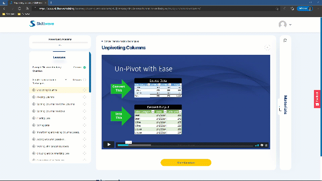 The Materials flyout in action in the Skillwave Course Player