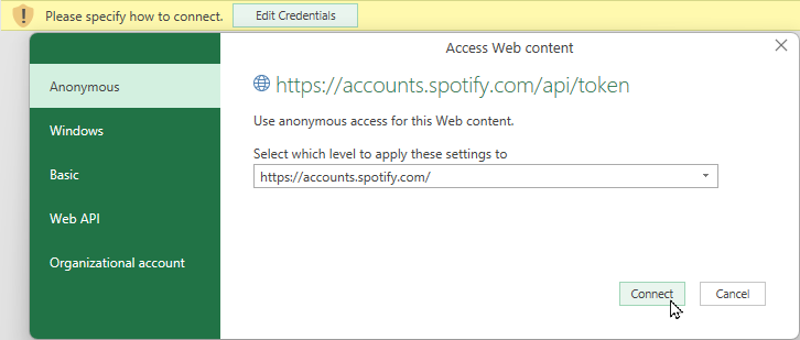 The authentication dialogue that pops up when you attempt to connect to Spotify via Power Query, showing that we need to choose Anonymous