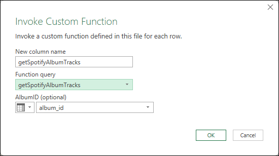 Invoke Custom Function dialog box showing the configuration of the getSpotifyAlbumTracks query invocation which will result in both album and track data from Spotify